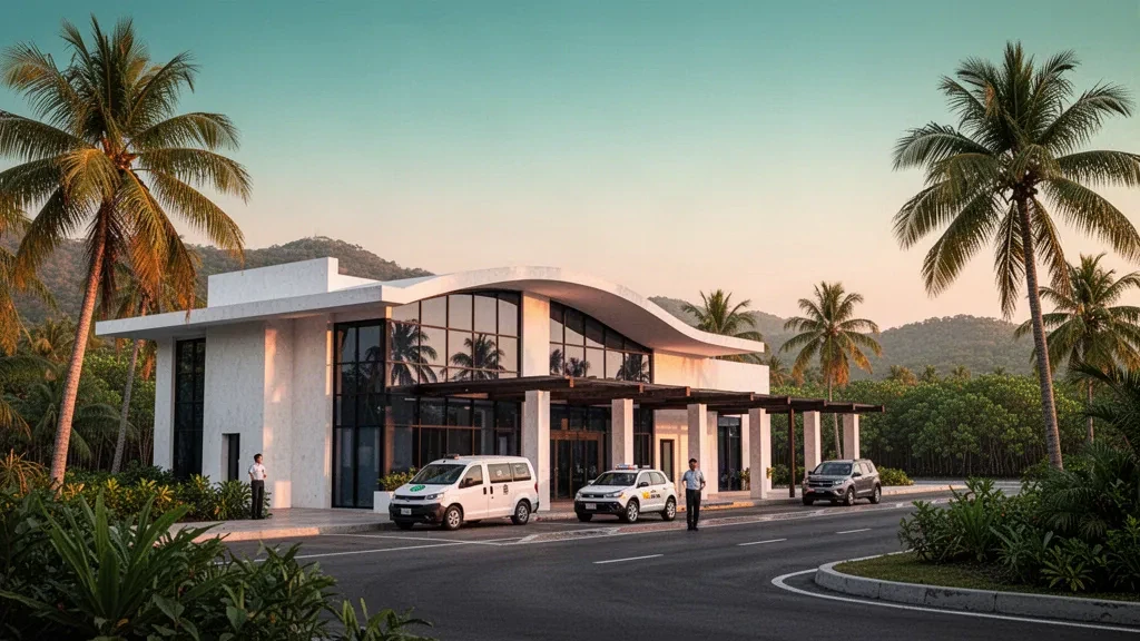 Manzanillo yakınlarındaki Playa de Oro Uluslararası Havalimanı'nda tropikal terminal dış cephesi ve palmiye ağaçlarıyla çevrili indirme-bırakma şeridi, sıcak kıyı ışığında