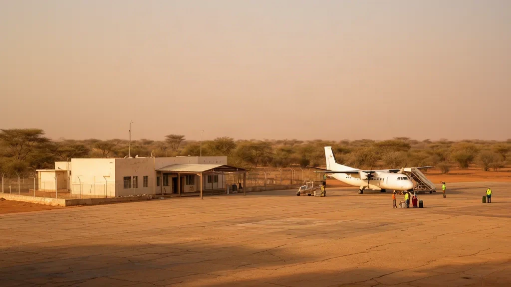 Sonniges Vorfeld und bescheidenes Terminalgebäude am Flughafen Zalingei ZLX in Zentral-Darfur, Sudan, unter einem dunstigen Wüstenhimmel