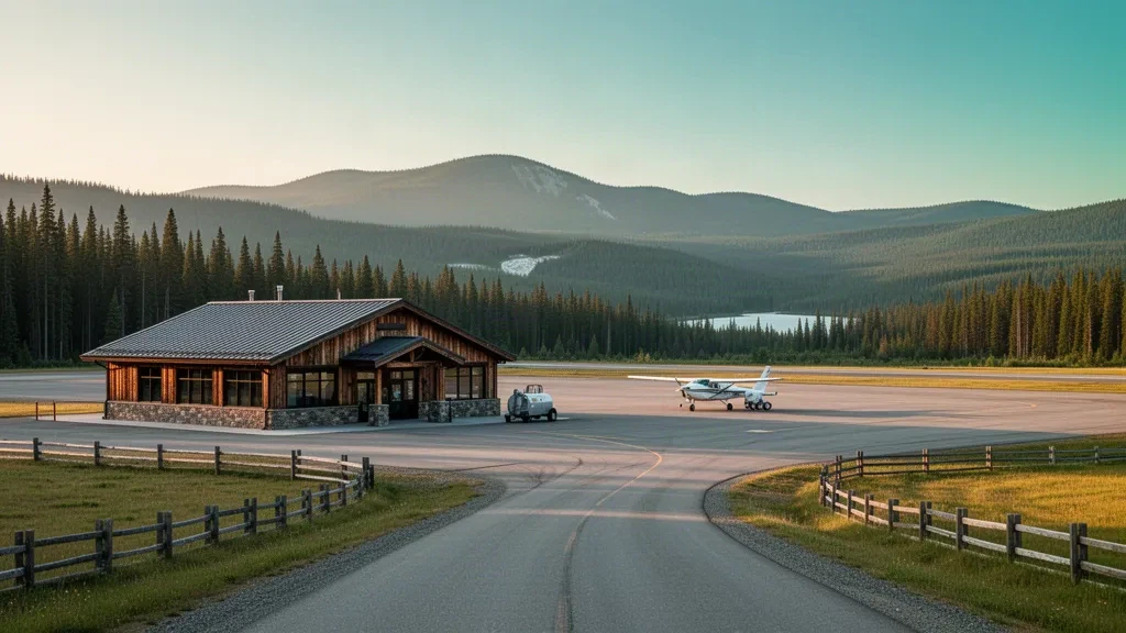 Piccolo terminal rurale e piazzale tranquillo all'aeroporto di 108 Mile nella regione del South Cariboo, Columbia Britannica, durante l'ora d'oro