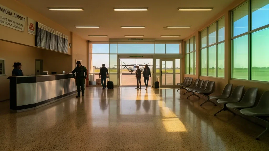 Sonnenbeschienenes Inneres des Terminals des Flughafens Zamora ZMM in Michoacán mit Check-in-Bereich und Wartehalle mit Reisenden