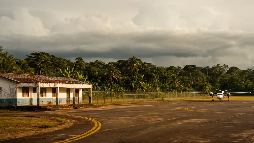 Pequeño edificio terminal regional y plataforma pavimentada en el aeropuerto de Sena Madureira, en Acre, Brasil, rodeados de selva amazónica