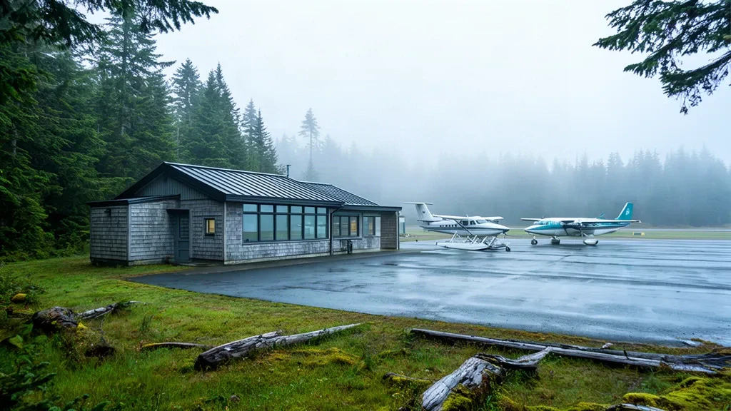 Bâtiment terminal patiné par les intempéries à l'aéroport de Masset ZMT sur Haida Gwaii, entouré d'une forêt pluviale côtière brumeuse et d'un tarmac mouillé