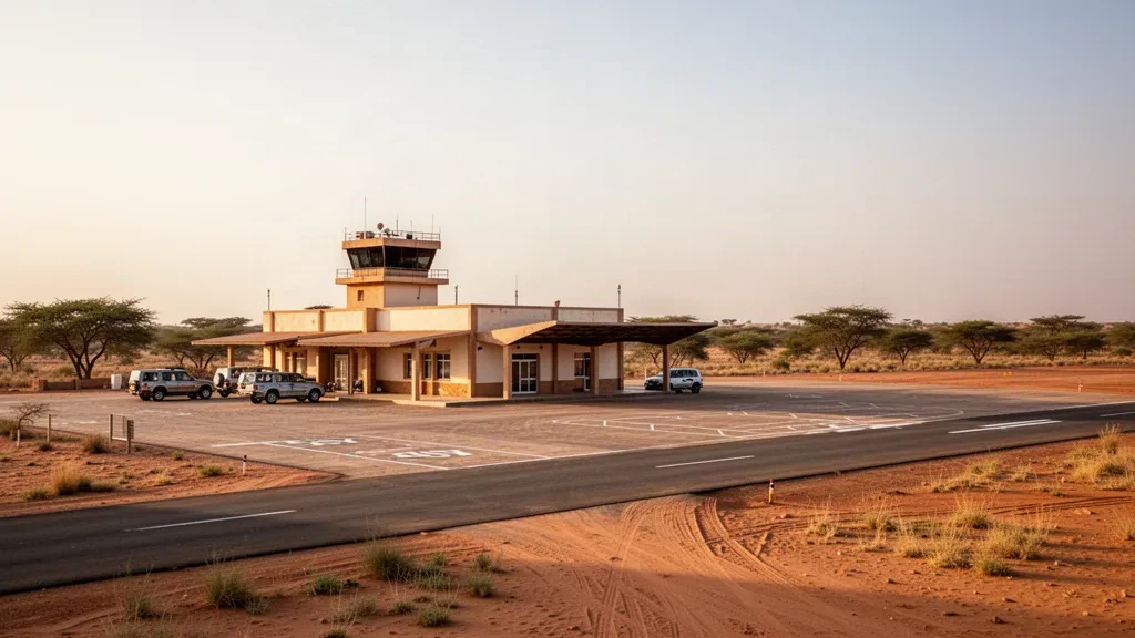 Blick zur goldenen Stunde auf das kleine Terminalgebäude, das Vorfeld und die Startbahn des Flughafens Zinder in der Sahel-Landschaft Nigers