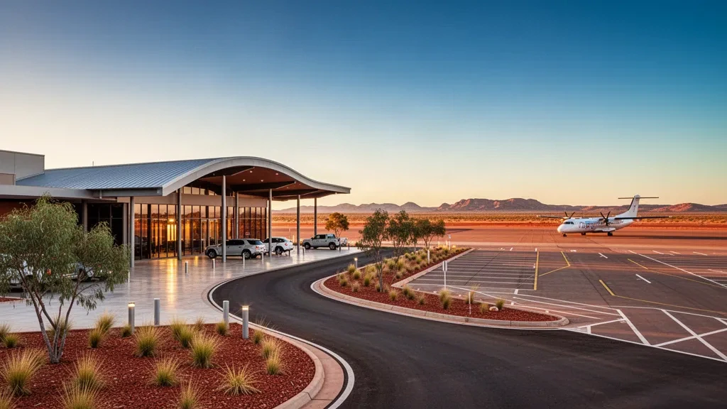 Modernes Terminal und Vorfeld des Flughafens Newman im Outback der Pilbara zur goldenen Stunde, mit einem Turboprop-Flugzeug und roter Erde in der Ferne.