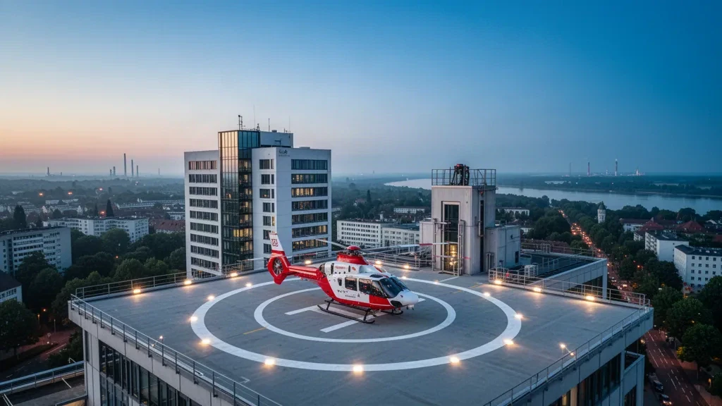 Dach-Hubschrauberlandeplatz der Unfallklinik Ludwigshafen mit einem Rettungshubschrauber in der Abenddämmerung über der Skyline der Rheinstadt