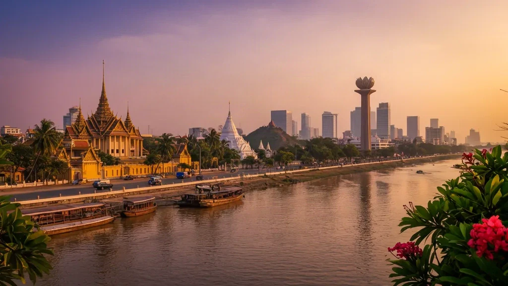 Front de rivière de Phnom Penh à l'heure dorée avec les flèches du Palais royal, Wat Phnom et une skyline moderne du Mékong