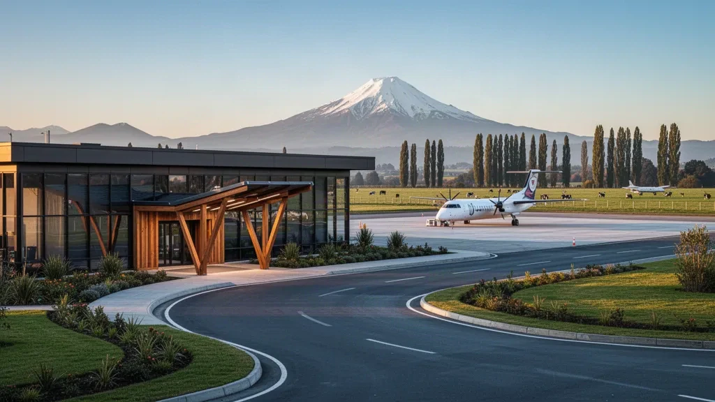 Modern terminal, kerbside drop-off and snow-capped Osorno Volcano at Cañal Bajo Carlos Hott Siebert Airport in Chile.