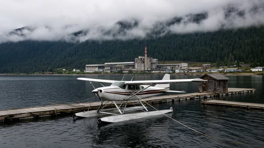 Hidroavión amarrado en el muelle de madera de la base de hidroaviones de Ocean Falls, en Columbia Británica, con brumosas montañas costeras boscosas al fondo
