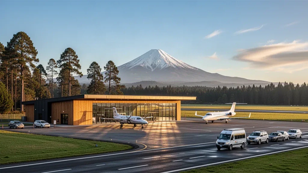 Kleines regionales Terminal am Flughafen Pucón in Chile mit dem schneebedeckten Vulkan Villarrica hinter der Startbahn zur goldenen Stunde.