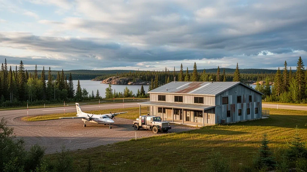 Sachigo Lake yakınlarında boreal ormanla çevrili uzak kuzey Ontario havalimanı terminali ve çakıl apron