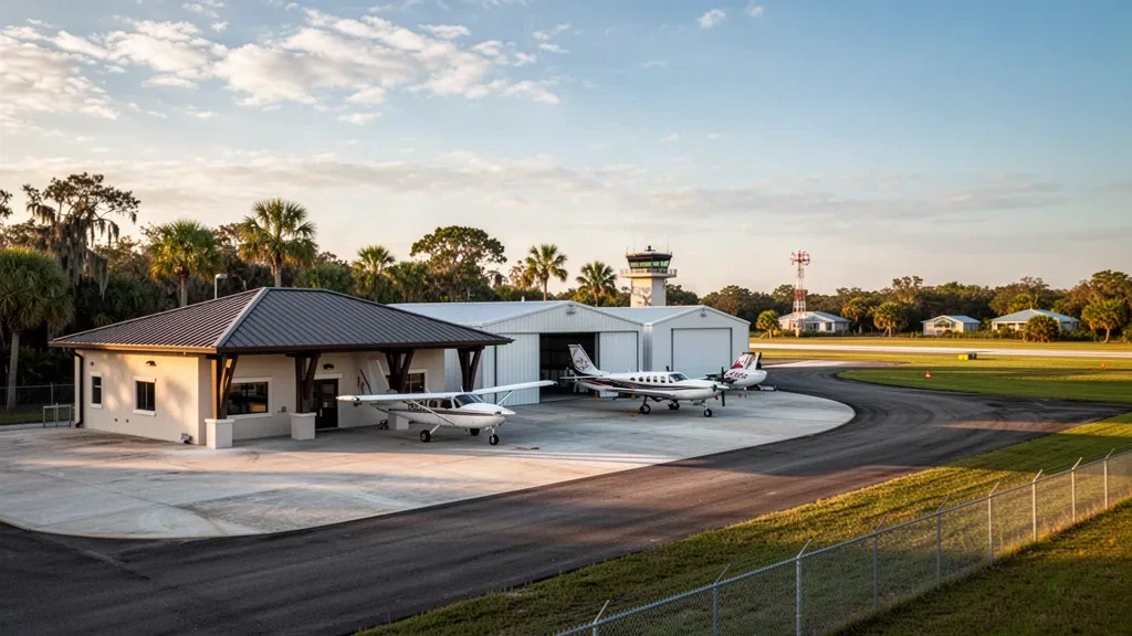 Pequeño aeródromo de aviación general de Florida en el Aeropuerto Municipal de Zephyrhills con hangares, aviones ligeros aparcados y una plataforma bañada por el sol durante la hora dorada.