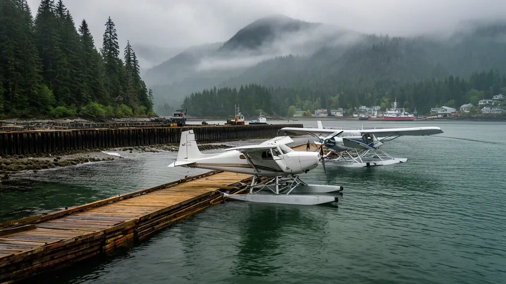 Hidroaviones amarrados en el muelle de la Base de Hidroaviones de Queen Charlotte City en Haida Gwaii, Columbia Británica, en una mañana costera brumosa