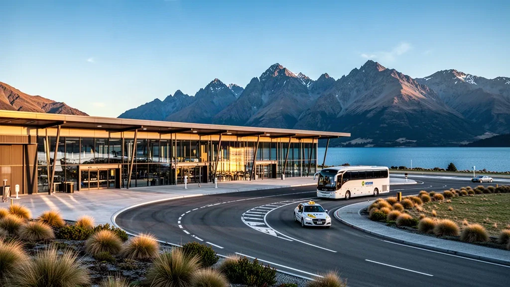 Moderno terminal in vetro e corsia di sosta a Queenstown Airport con le montagne The Remarkables e il lago Wakatipu nella luce dell'ora d'oro