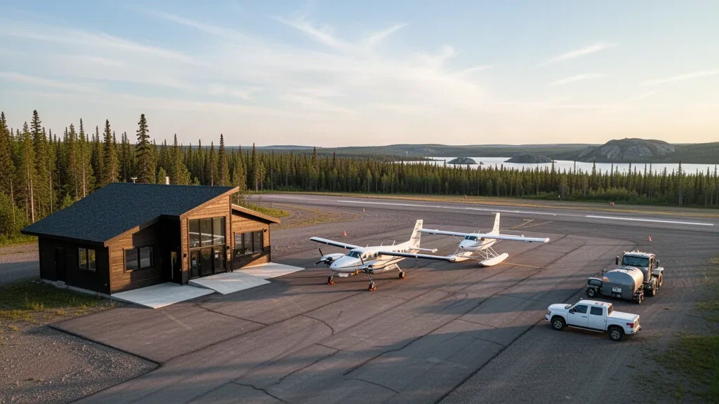 Piazzale di un aeroporto remoto del Saskatchewan settentrionale con piccolo terminal, aerei leggeri parcheggiati e foresta boreale vicino a Pinehouse Lake