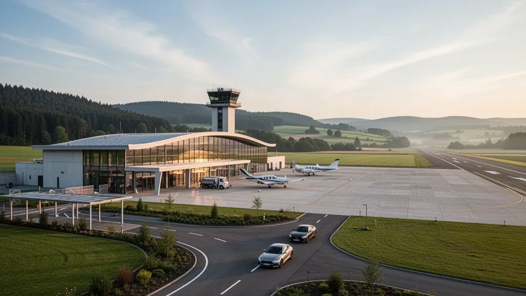 Modernes Glas-Terminal und ruhiges Vorfeld am Flughafen Zweibrücken in Deutschland, umrahmt von bewaldeten Hügeln im warmen Licht der goldenen Stunde.