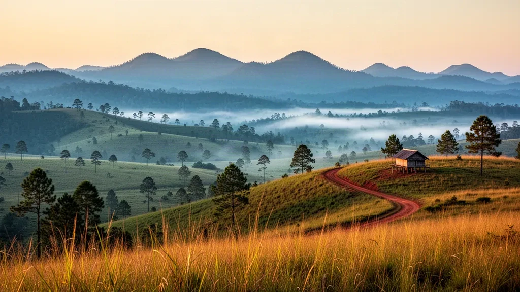 Sonnenaufgang mit Nebel über den sanften grünen Hügeln und dem Kiefernwald von Mondulkiri, Kambodscha, nahe Sen Monorom