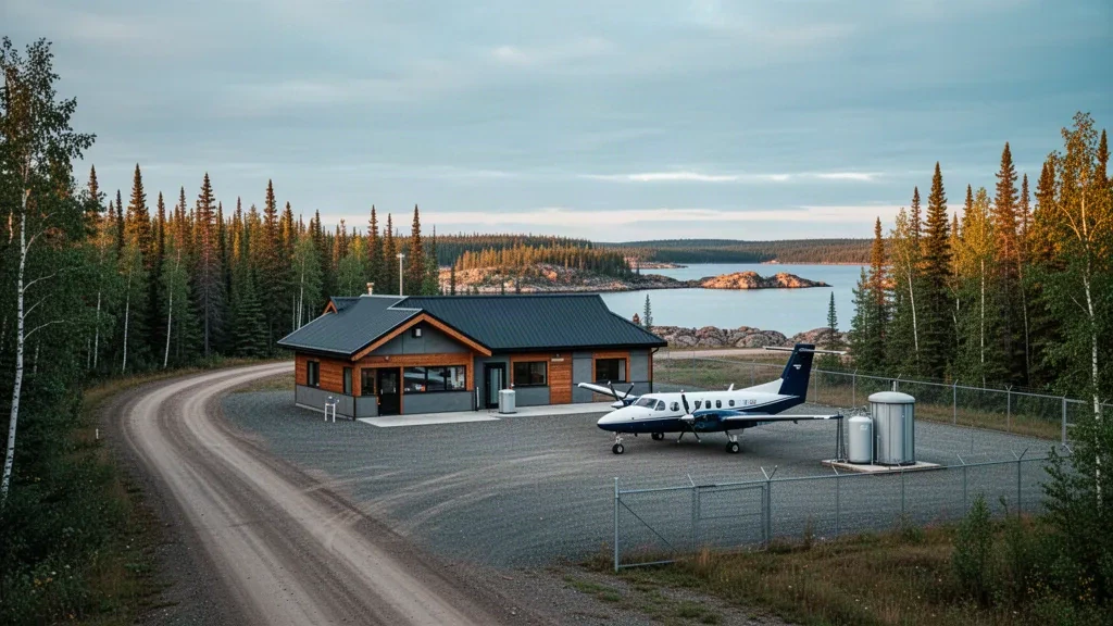 Petit terminal d'aéroport isolé avec un avion à turbopropulseur sur l'aire de trafic en gravier à Sandy Lake, dans le nord de l'Ontario, entouré de forêt boréale et d'un lac calme