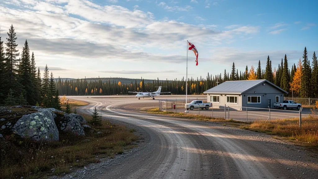 Gravel runway and small terminal building at remote Shamattawa Airport in northern Manitoba, surrounded by boreal forest in soft morning light