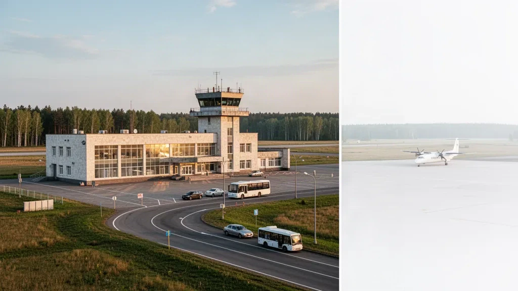 Flaches Terminal und ruhiges Vorfeld am Flughafen Schytomyr in der Ukraine zur goldenen Stunde, ein kleiner regionaler Flugplatz mit Zufahrtsstraßen und geparkten Flugzeugen