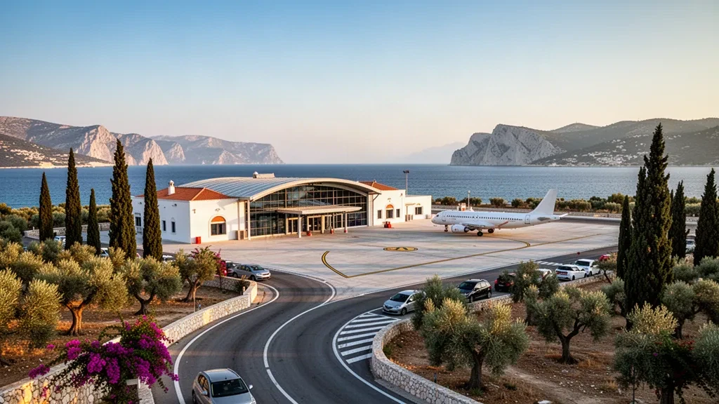 Zakynthos Uluslararası Havaalanı Dionysios Solomos'ta alçak katlı badanalı terminal ve servi ağaçları, sıcak altın saat Akdeniz ışığında