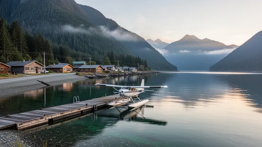 Hydravion à flotteurs amarré à un quai en bois à Tahsis Seaplane Base, en Colombie-Britannique, entouré de montagnes boisées et d'eaux calmes d'un bras de mer