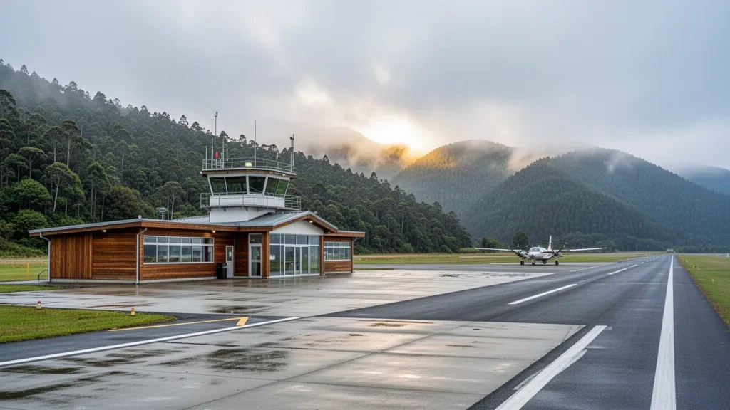 Kompaktes regionales Terminal und Startbahn am Flughafen Pupelde nahe Ancud auf der Insel Chiloé, umrahmt von grünen Hügeln und weichem Licht Südchiles