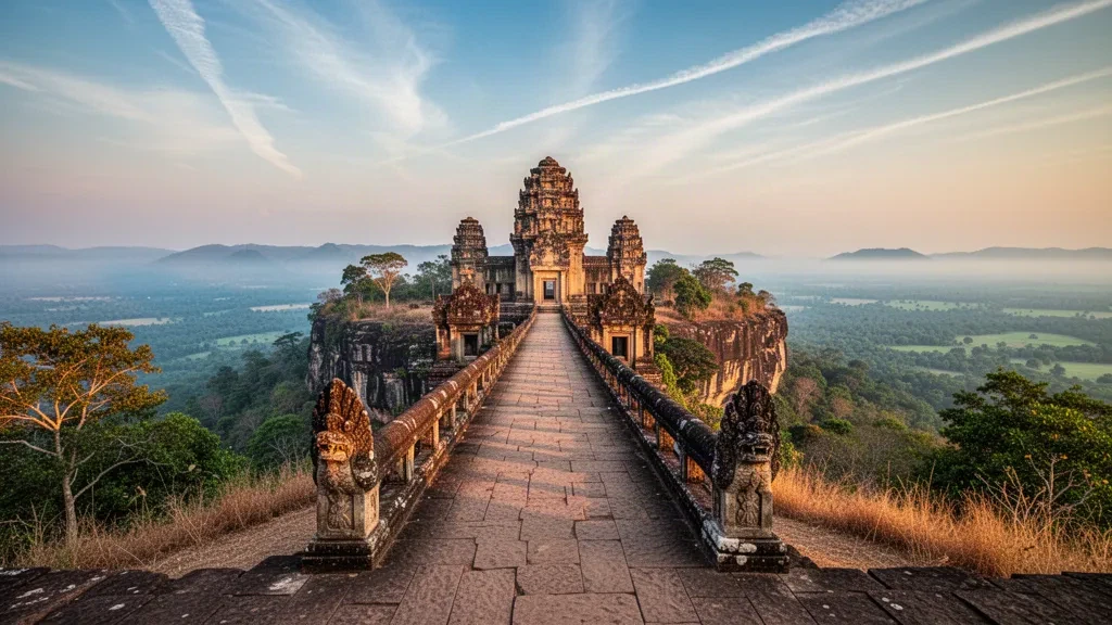Ruinas del templo de Preah Vihear en un acantilado de las Montañas Dângrêk, en Camboya, con torres de arenisca tallada sobre llanuras verdes a la hora dorada