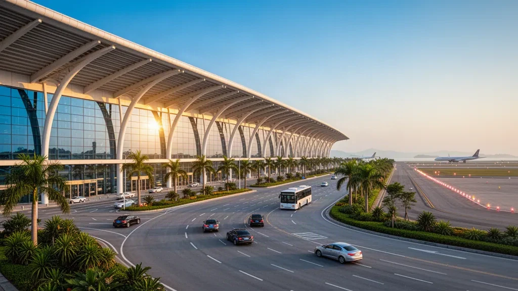 Moderno terminal esterno in vetro dell'aeroporto di Zhuhai Jinwan con tetto curvo, corsie per la salita e discesa passeggeri e paesaggio subtropicale durante l'ora dorata