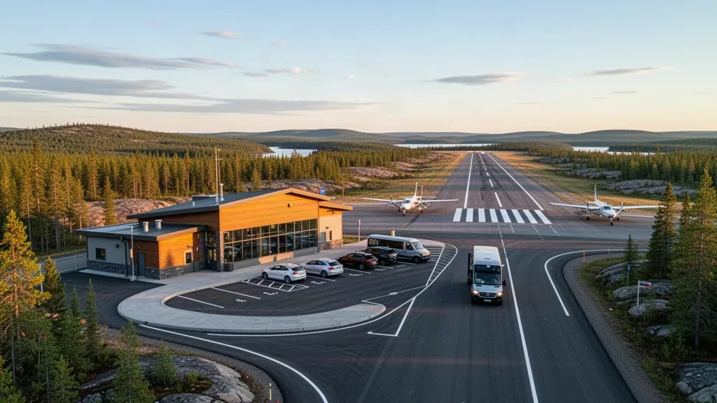 Kleines Terminalgebäude und ruhiges Vorfeld am Ignace Municipal Airport in Ontario, umgeben von borealem Wald in warmem goldenem Abendlicht