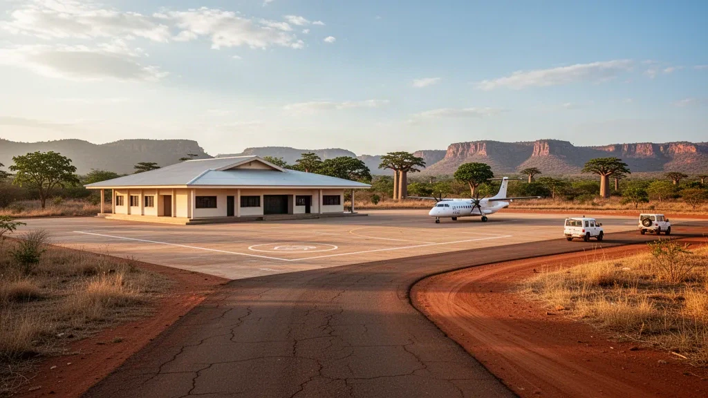 Small regional terminal and sunlit apron at Miandrivazo Airport in Madagascar, surrounded by dry tropical landscape and distant hills