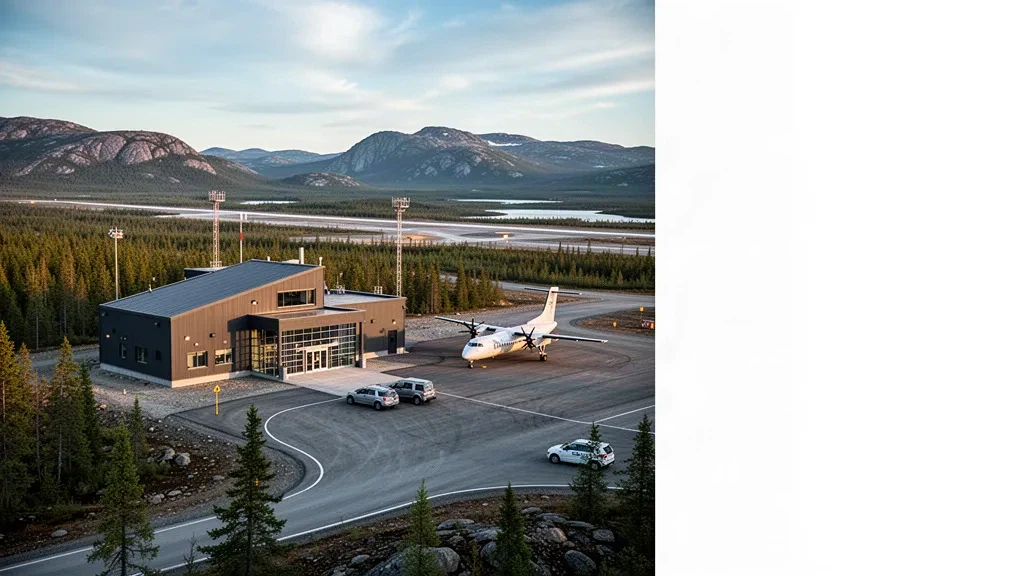 Piccolo terminal regionale, piazzale e pista dell'aeroporto di Churchill Falls in Labrador, circondati dalla foresta boreale e dalla rocciosa wilderness settentrionale