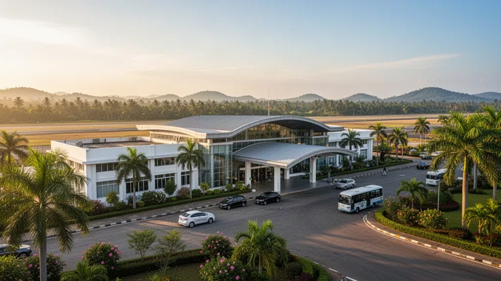 Außenansicht des Terminals des Flughafens Savannakhet und der Vorfahrtspur in Laos mit tropischer Begrünung und Licht zur goldenen Stunde.