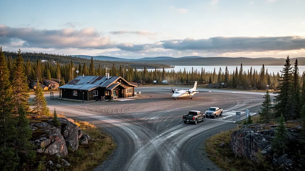 Flughafenterminal einer abgelegenen Gemeinde im Norden Saskatchewans mit Schotterapron, kleinem Turboprop-Flugzeug und borealem Wald zur goldenen Stunde