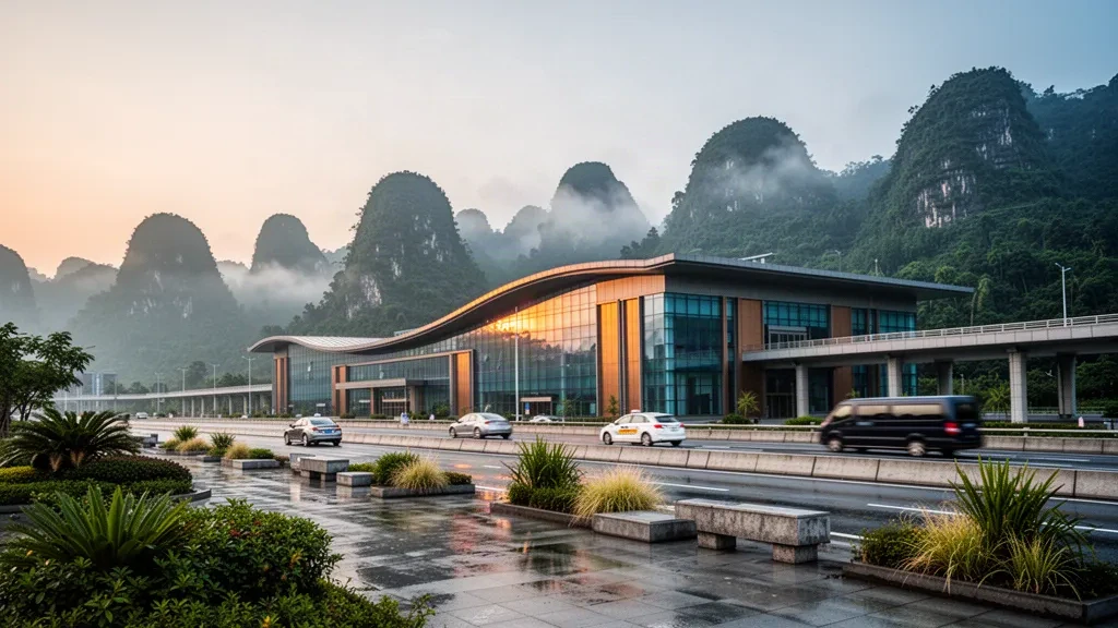 Esterno moderno del terminal in vetro dell'aeroporto di Zunyi Xinzhou nel Guizhou, incorniciato da verdi colline carsiche e una corsia di scarico curva