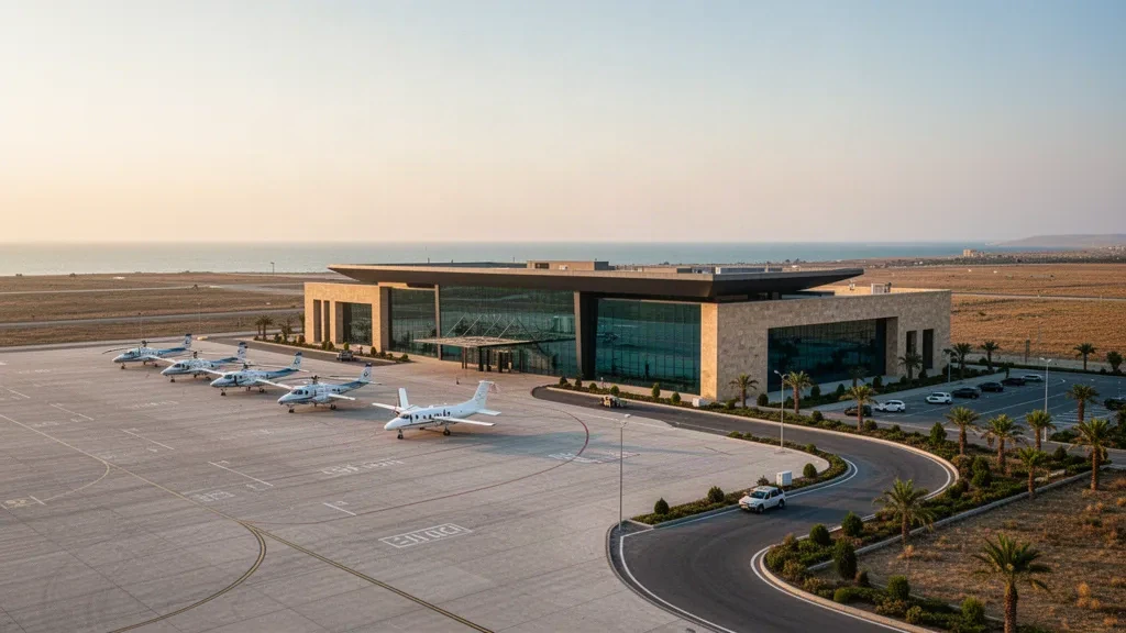 Vorfeld des Flughafens Zabrat bei Baku, Aserbaidschan, zur goldenen Stunde mit Hubschraubern, einem modernen Terminal und Küstenlicht
