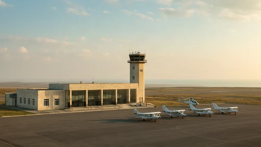 Edificio terminal basso e aeromobile leggero sul piazzale dell'aeroporto di Zabrat vicino a Baku, Azerbaigian, nella calda luce pomeridiana