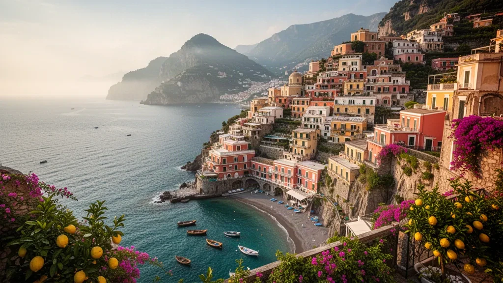 Pastellfarbene Häuser an den Klippen von Positano über dem Tyrrhenischen Meer an der Amalfiküste Italiens im warmen Licht der goldenen Stunde