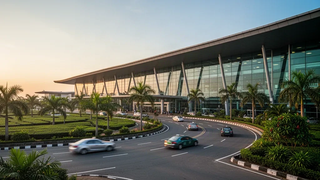 Esterno moderno del terminal in vetro dell'Aeroporto Internazionale Osmani a Sylhet, Bangladesh, che risplende nell'ora d'oro con corsie di sosta per il carico e lo scarico passeggeri fiancheggiate da palme