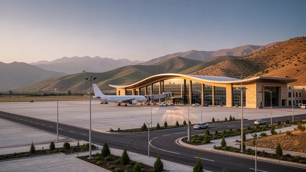 Modernes Terminal aus Glas und Stein am Internationalen Flughafen Zangilan in Aserbaidschan zur goldenen Stunde mit einem Verkehrsflugzeug auf dem Vorfeld