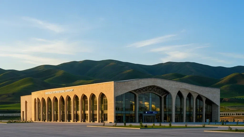 Bâtiment terminal en pierre de l'aéroport international de Zangilan ZZE en Azerbaïdjan avec façade arquée et collines verdoyantes du Karabakh en arrière-plan