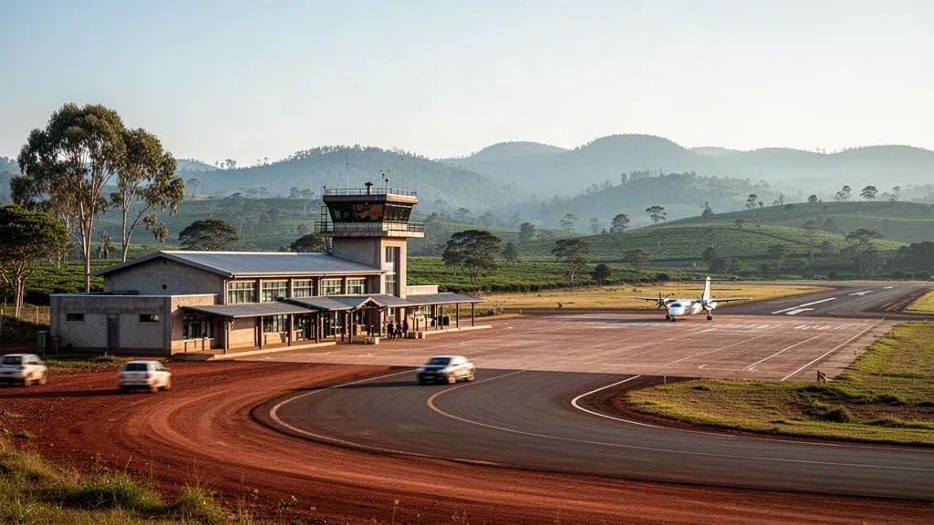 Piccolo terminal aeroportuale regionale e piazzale aperto all'aeroporto di Mzuzu, sugli altopiani verdi del Malawi, durante l'ora d'oro