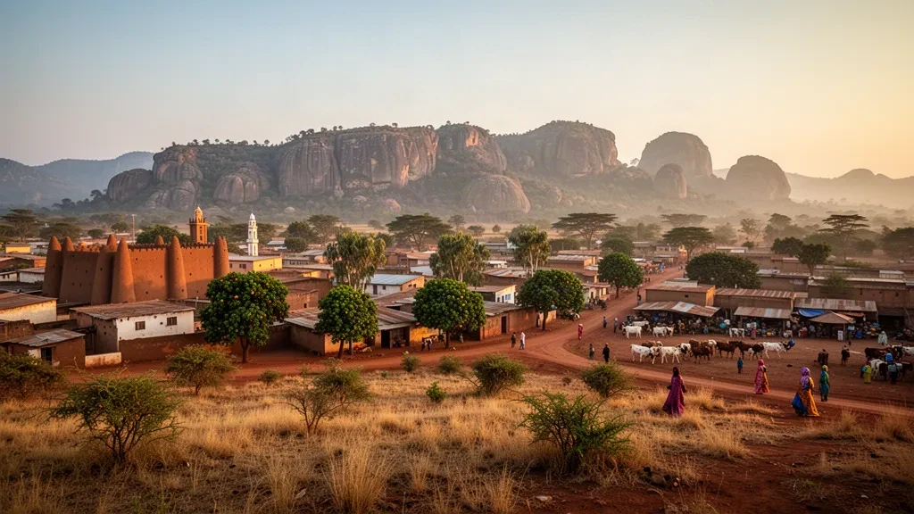 Ngaoundéré, Hauptstadt der Region Adamaua in Kamerun, vom Plateau aus gesehen, mit ockerfarbenen Dächern, rotbraunen Straßen und felsigen Hügeln zur goldenen Stunde