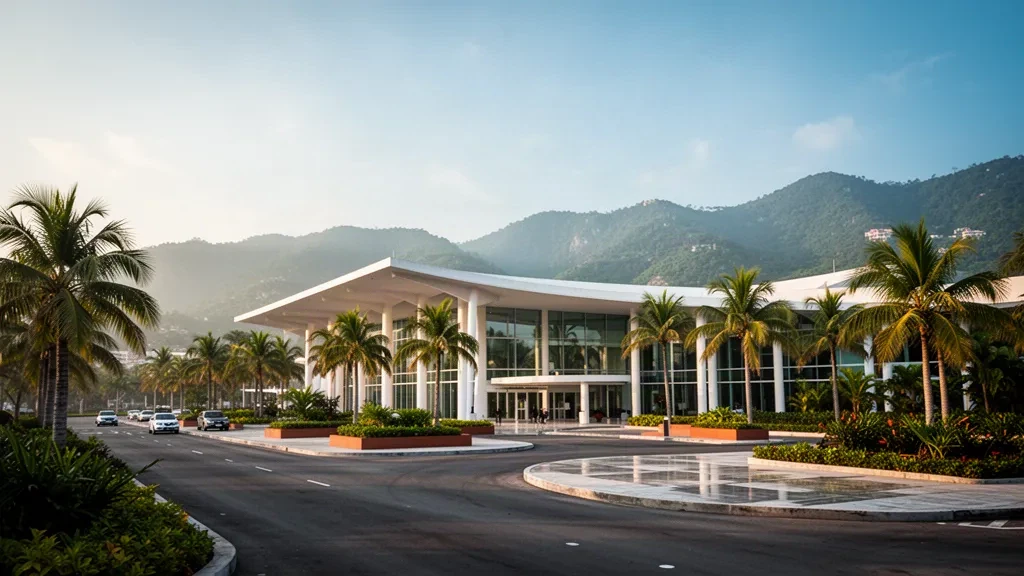 Exterior moderno y tropical de la terminal del Aeropuerto Internacional General Juan N. Álvarez en Acapulco, rodeado de palmeras a la hora dorada