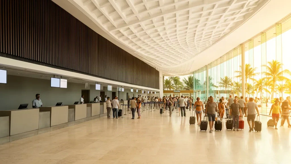 Acapulco, Meksika'daki General Juan N. Álvarez Uluslararası Havalimanı'nın aydınlık check-in salonunda bagajlarıyla yolcular