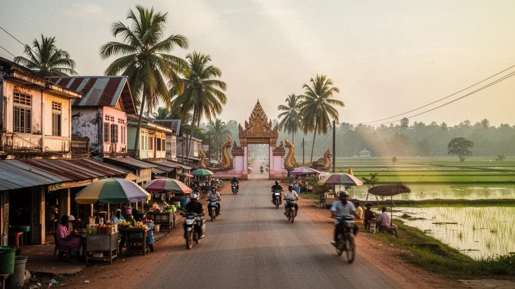 Scena di strada a Svay Rieng, Cambogia, con case a schiera dai colori pastello, motociclette, porta di un tempio e palme da zucchero nella calda luce pomeridiana