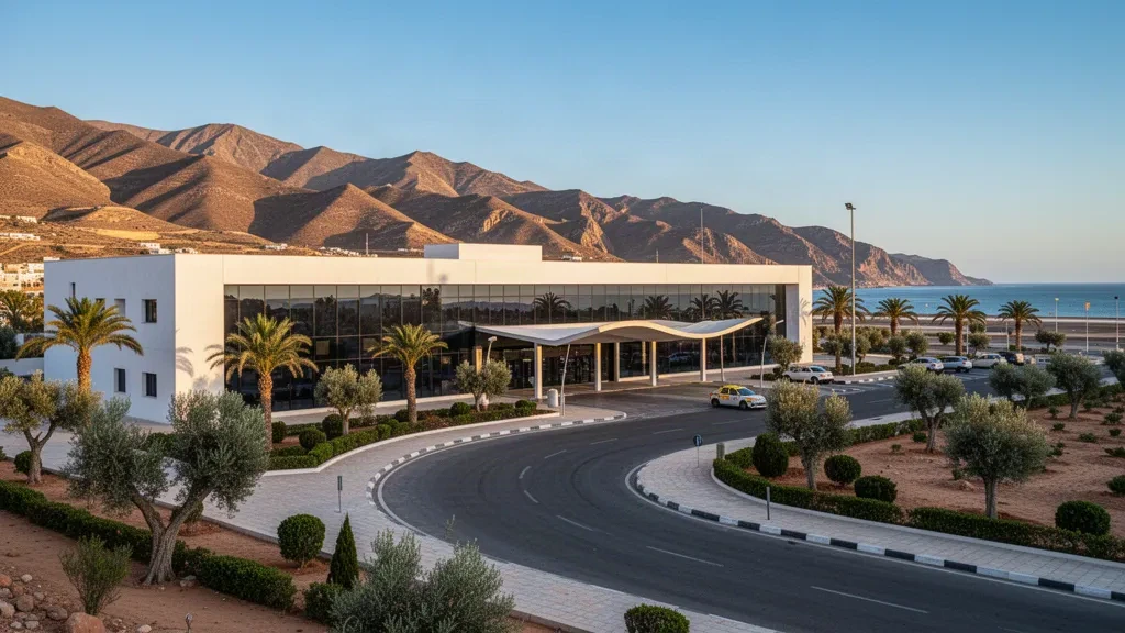 Außenansicht eines modernen Glasterminals und Abholspur am Flughafen Cherif Al Idrissi in Al Hoceima, Marokko, mit dem Rif-Gebirge im Hintergrund