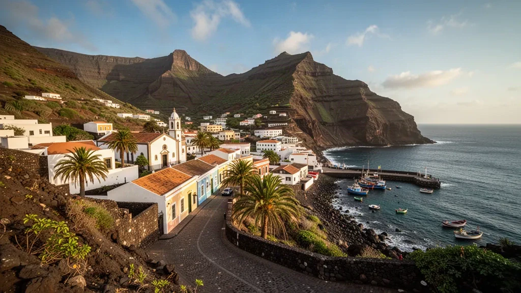 Ribeira Grande on Santo Antão, Cape Verde, showing colonial buildings, green mountains, and the Atlantic coast at golden hour.