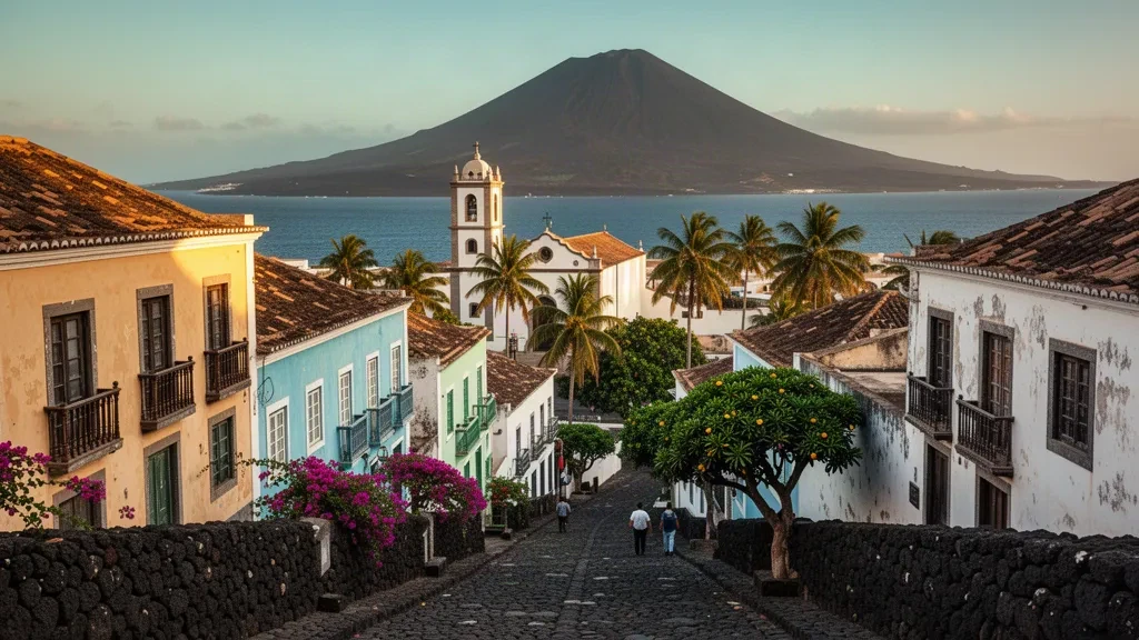 Maisons coloniales pastel et clocher d'église de São Filipe sur l'île de Fogo, au Cap-Vert, avec le volcan Pico do Fogo au-dessus de l'Atlantique
