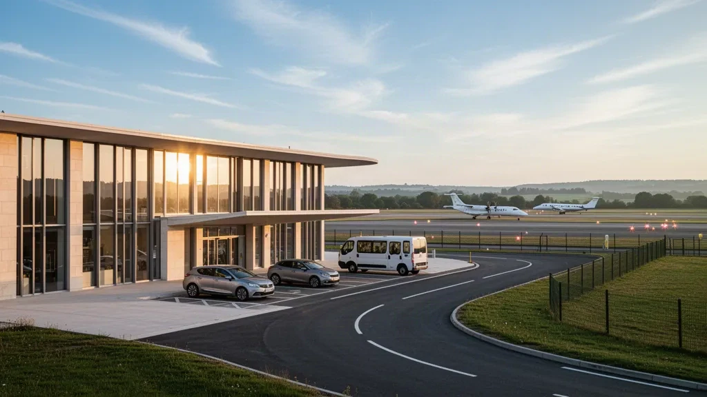 Modernes Glas-Terminal und Vorfahrtsbereiche am Flughafen Angoulême Brie-Champniers im warmen Licht der goldenen Stunde, mit Landschaft dahinter