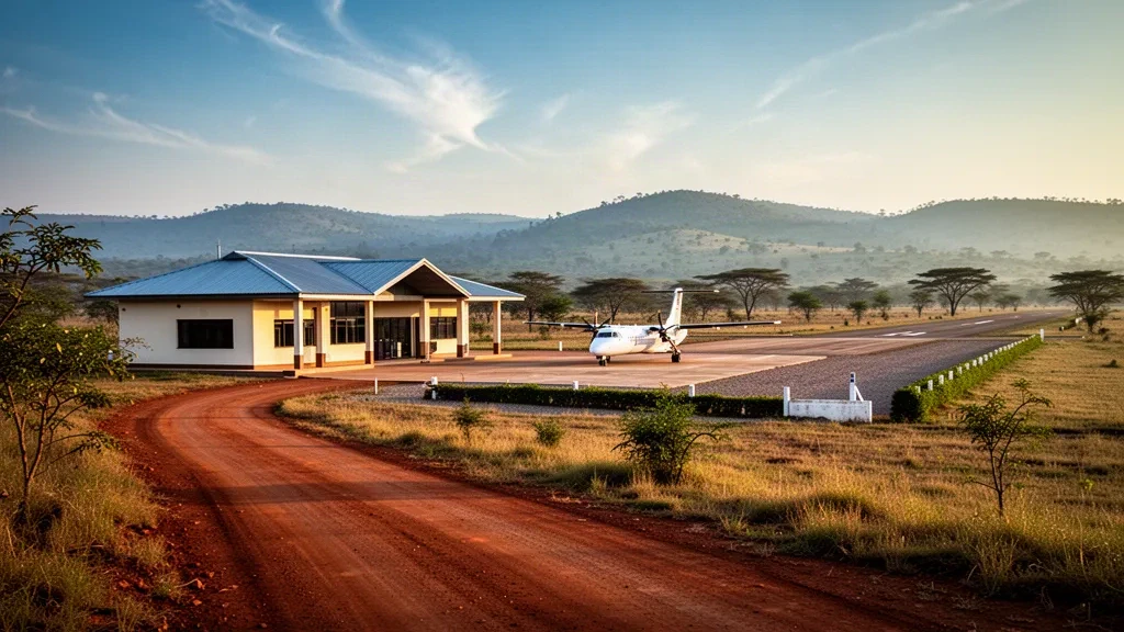 Piccolo terminal provinciale e pista in terra battuta all'Aeroporto di Andulo sugli altopiani centrali dell'Angola durante l'ora d'oro